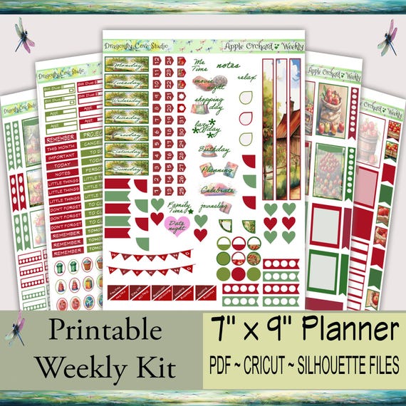 7x9 Weekly Printable Planner Stickers Kit – Charming Apple Orchard | Silhouette & Cricut Cut Files + PDF for Hand Cutting