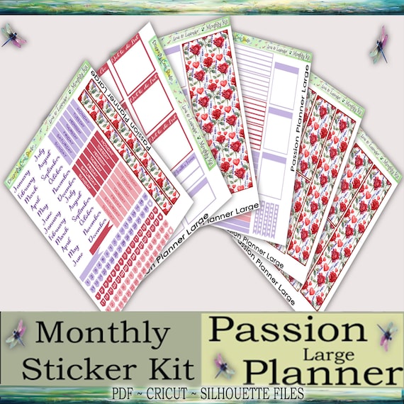 Passion Planner Large | Monthly Kit | Printable Love & Lavender Valentine Sticker Kit | Silhouette, Cricut, PDF