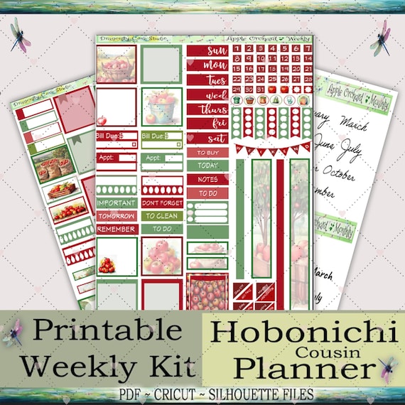 Hobonichi Cousin Weekly Printable Stickers Kit - Charming Apple Orchard: Silhouette & Cricut Cut Files and PDF for Hand Cutting