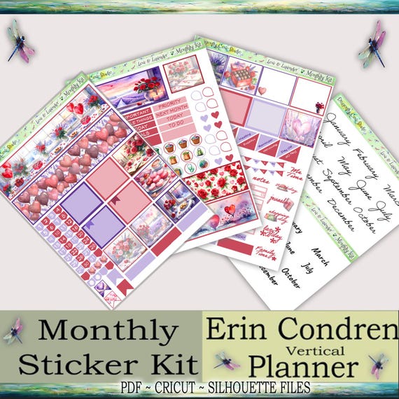 Erin Condren Vertical Planner Printable Stickers Monthly Kit | Love & Lavender | PDF, Silhouette, Cricut