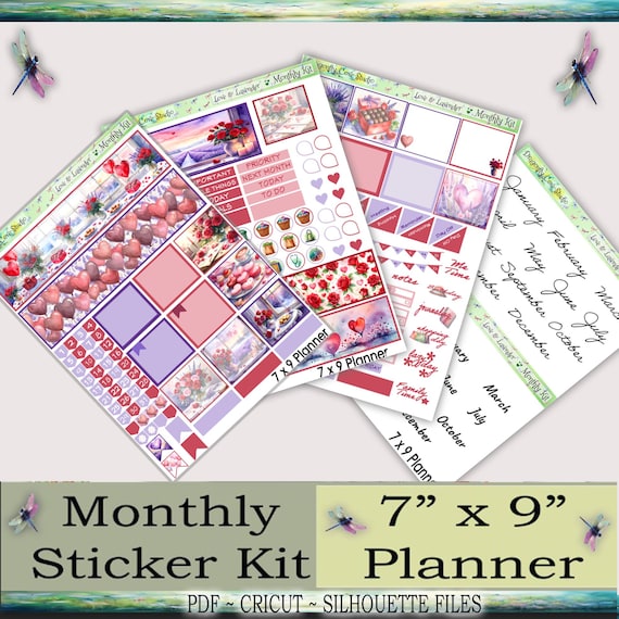 7x9 Planner Printable Stickers Monthly Kit | Love & Lavender | Silhouette + Cricut Cut Files + PDF