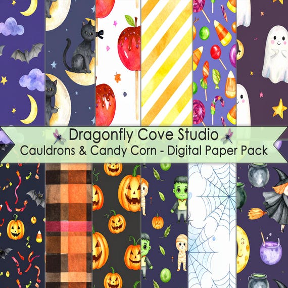 Digital Paper Pack – 6x6 Inch Cauldrons & Candy Corn PNG Backgrounds for Scrapbooking + Crafts