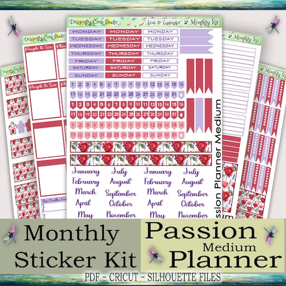 Passion Planner Medium | Monthly Kit | Printable Love & Lavender Valentine Stickers | Cricut, Silhouette, PDF Cutting