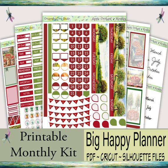 Big Happy Planner Monthly Printable Planner Stickers Kit – Charming Apple Orchard | Silhouette & Cricut Cut Files + PDF for Hand Cutting