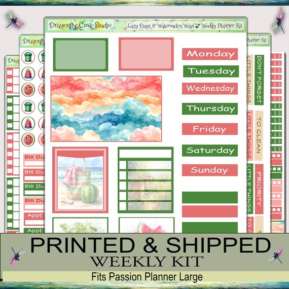 Passion Planner Large Weekly Sticker Kit | Cottagecore | Lazy Days & Watermelon Ways | Printed, Shipped