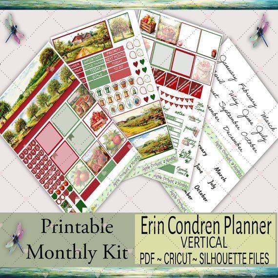 Erin Condren Vertical Monthly Planner Stickers Kit | Printable Sticker Kit | Charming Apple Orchard | PDF, Silhouette & Cricut Cut Files