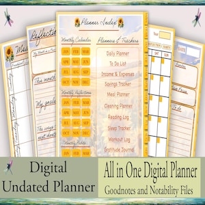 May include: A digital planner with a yellow sunflower design. The planner includes a monthly calendar, daily planner, to-do list, income and expenses tracker, savings tracker, meal planner, cleaning planner, reading log, sleep tracker, workout log, and gratitude journal. The planner is undated and comes in Goodnotes and Notability file formats.