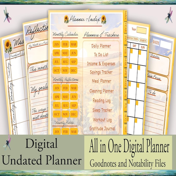 All-in-One Blank Digital Planner - Hyperlinked PDF with Quick Search for Goodnotes & Notability | Majestic Sunflower Theme