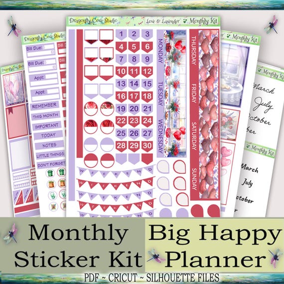 Big Happy Planner Monthly Printable Planner Stickers Kit | Love & Lavender | Silhouette + Cricut Cut Files + PDF for Hand Cutting