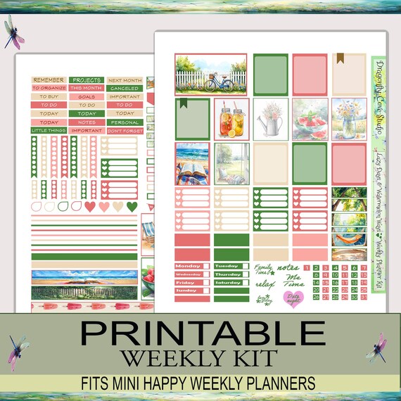 Mini Happy Planner Weekly Kit | Lazy Days & Watermelon Ways | Cottagecore | Silhouette, Cricut Cut Files + PDF