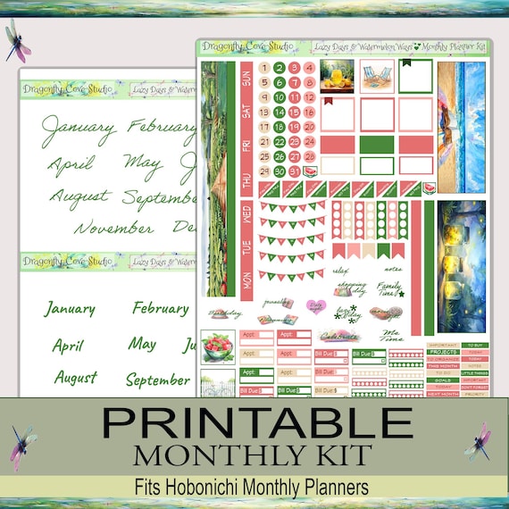 Hobonichi Planner Stickers | Monthly Kit | Lazy Days & Watermelon Ways (PDF, PNG, Silhouette Files)