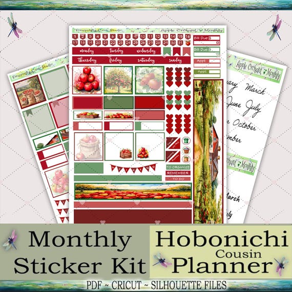 Hobonichi Cousin Planner Monthly Printable Stickers Kit – Charming Apple Orchard | Silhouette & Cricut Cut Files + PDF