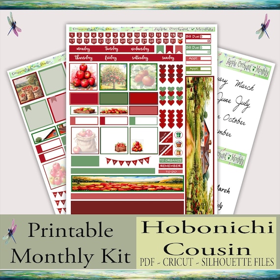 Hobonichi Cousin Planner Monthly Printable Stickers Kit – Charming Apple Orchard | Silhouette & Cricut Cut Files + PDF