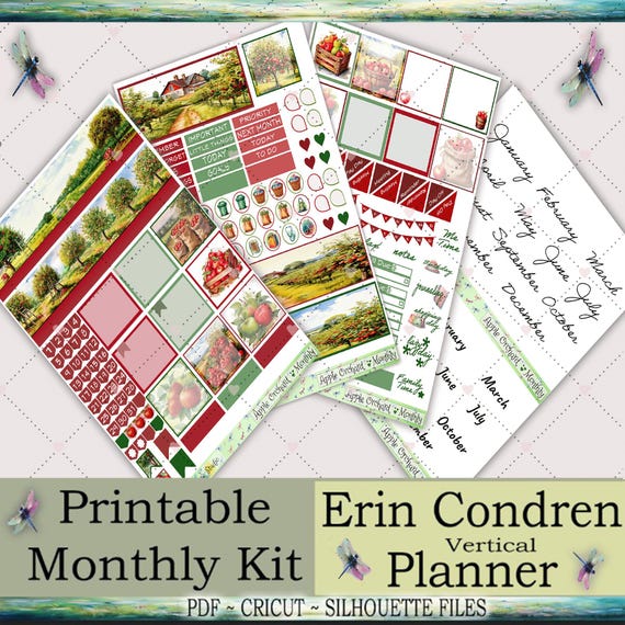 Erin Condren Vertical Monthly Planner Stickers Kit | Printable Sticker Kit | Charming Apple Orchard | PDF, Silhouette & Cricut Cut Files