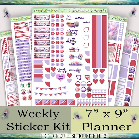 7x9 Weekly Printable Planner Stickers Kit – Love & Lavender | Silhouette + Cricut Cut Files + PDF for Hand Cutting