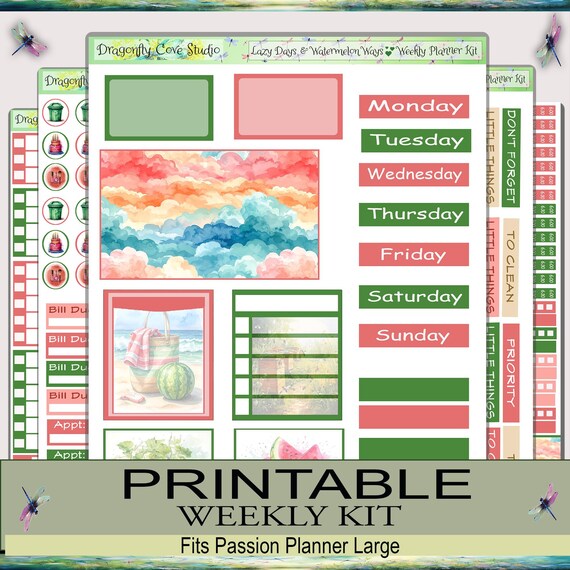Passion Planner Large | Weekly Kit | Digital | Lazy Days & Watermelon Ways | Silhouette, Cricut, PDF