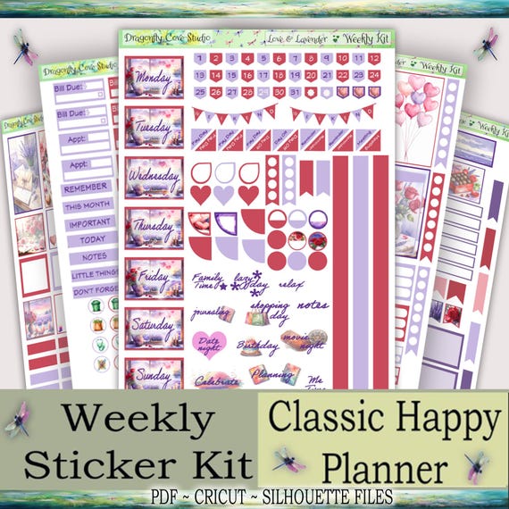 Classic Happy Planner Printable Stickers Weekly Kit | Love & Lavender| Silhouette + Cricut Cut Files + PDF for Hand Cutting
