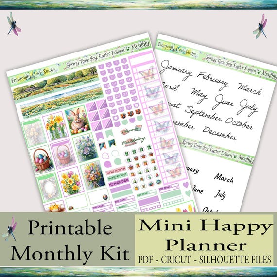 Mini Happy Planner Monthly Printable Stickers Kit | INSTANT DOWNLOAD | Springtime Joy: Easter Edition| PDF, Silhouette & Cricut Cut Files