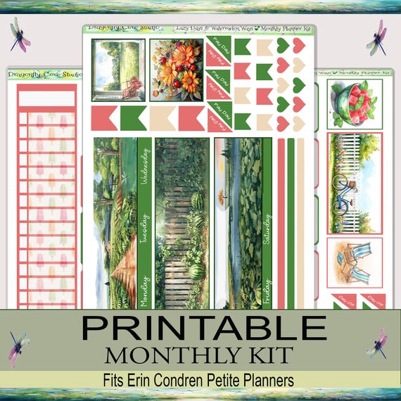Erin Condren Petite Monthly Planner Stickers | Lazy Days Watermelon Kit (PDF, Cricut, Silhouette Files)