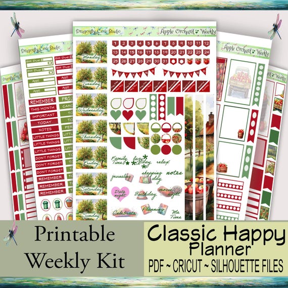 Classic Happy Planner Weekly Printable Planner Stickers Kit – Charming Apple Orchard | Silhouette & Cricut Cut Files + PDF for Hand Cutting