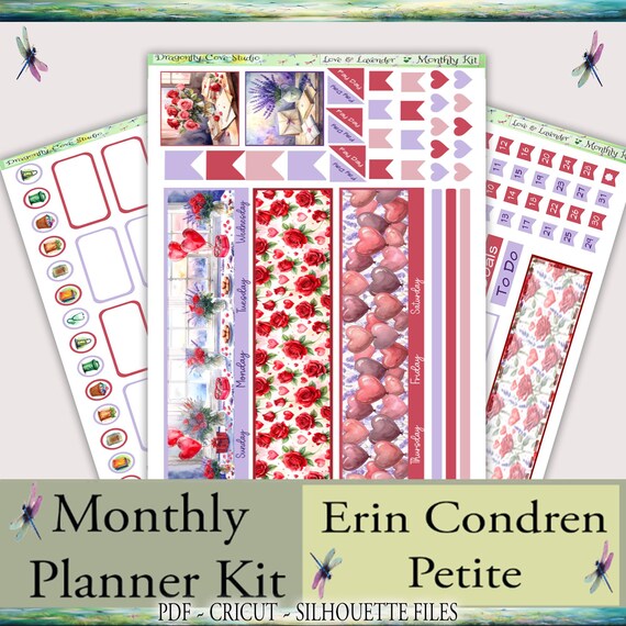 Erin Condren Petite Monthly Planner Printable Stickers Kit: Love & Lavender (PDF, Cricut, Silhouette)