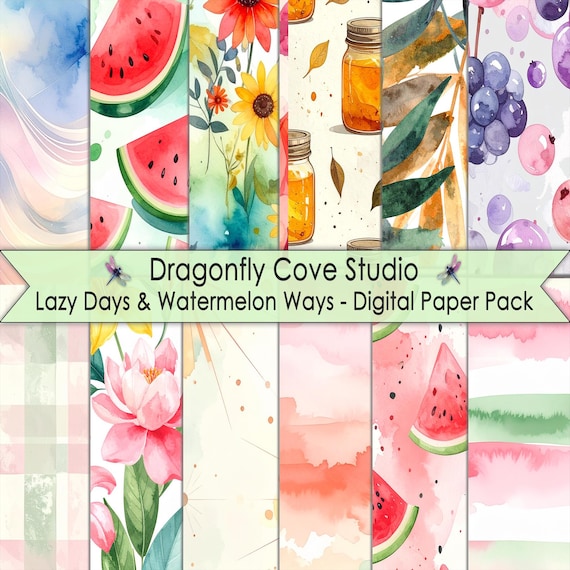 Digital Paper Pack – 6x6 Inch Lazy Days & Watermelon Ways PNG Backgrounds for Scrapbooking + Crafts