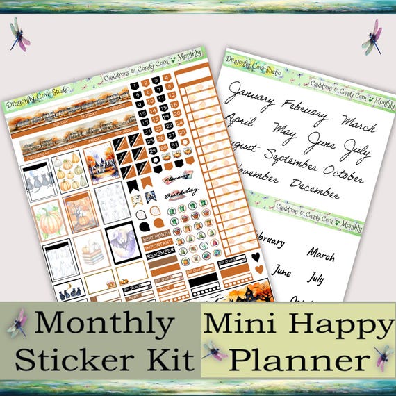Mini Happy Planner Printable Stickers Monthly Kit | Cauldrons & Candy Corn | Planner Stickers Kit | PDF, Silhouette, Cricut Cut Files