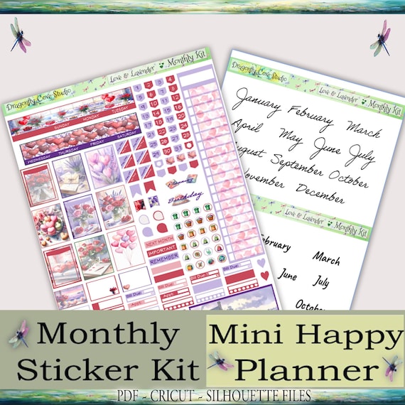 Mini Happy Planner Printable Stickers Monthly Kit | Love & Lavender Valentine | Planner Stickers Kit | PDF, Silhouette, Cricut Cut Files