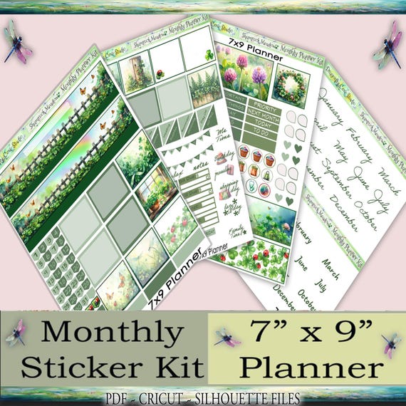 7x9 Planner Printable Stickers Monthly Kit | Shamrock Meadow | Silhouette, Cricut Cut Files + PDF