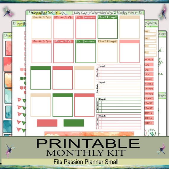 Passion Planner Small | Monthly Kit | Digital | Cottagecore | Lazy Days & Watermelon Ways | Cricut, Silhouette, PDF