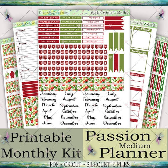 Passion Planner Medium | Monthly Kit | Printable Apple Orchard Stickers for Cricut, Silhouette & PDF Cutting
