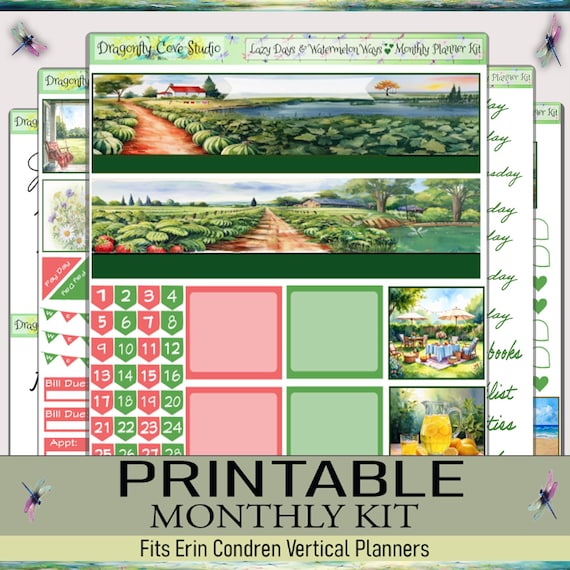 Erin Condren Vertical Monthly Kit | Lazy Days & Watermelon Ways | Silhouette + Cricut Cut Files + PDF
