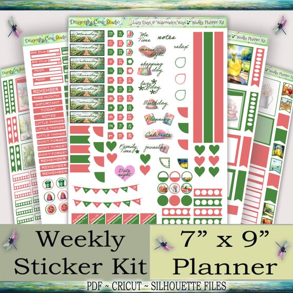 7 x 9 Weekly Sticker Kit | Lazy Days & Watermelon Ways | Silhouette, Cricut, PDF Files for Hand Cutting