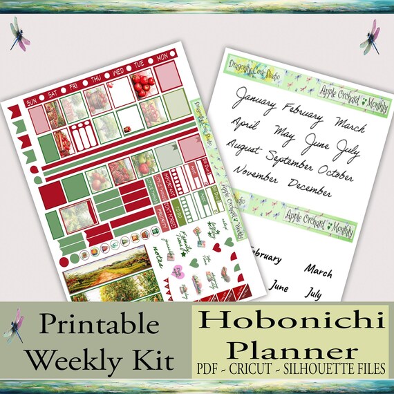 Hobonichi Planner Weekly Printable Stickers Kit - Charming Apple Orchard: Silhouette & Cricut Cut Files and PDF for Hand Cutting
