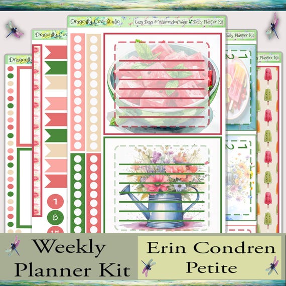 Erin Condren Petite Weekly Planner Stickers | Lazy Days Watermelon Kit (PDF, Cricut, Silhouette Files)