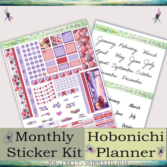 Hobonichi Planner Stickers: Love & Lavender Monthly Kit (PDF, PNG, Silhouette Files)
