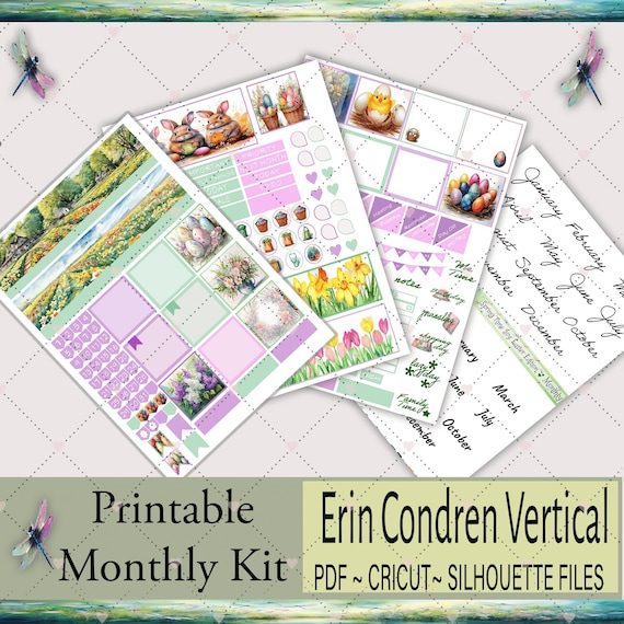 Erin Condren Vertical Monthly Planner Stickers Kit | Printable Sticker Kit | Springtime Joy: Easter Edition | PDF, Silhouette, Cricut Files