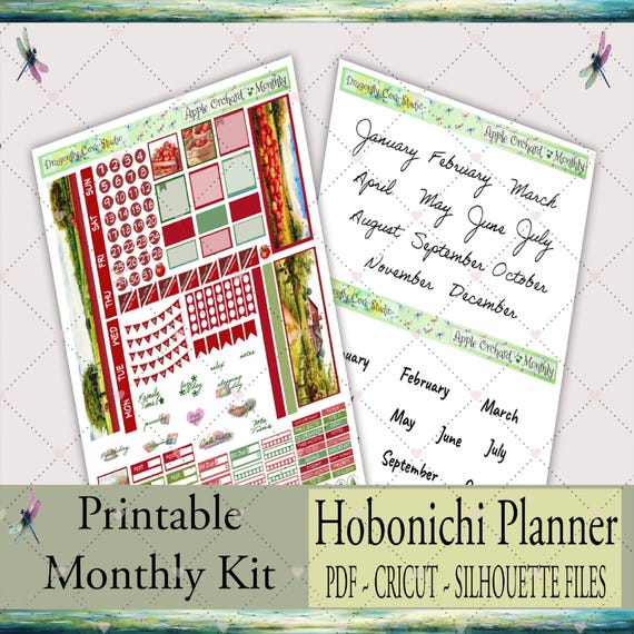 Hobonichi Planner Monthly Printable Stickers Kit -Charming Apple Orchard | Printable | Silhouette, Cricut Cut Files & PDF for Hand Cutting