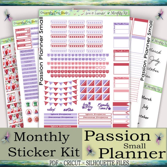 Passion Planner Small | Monthly Kit | Printable Love & Lavender Valentine Sticker Kit | Silhouette, Cricut, PDF