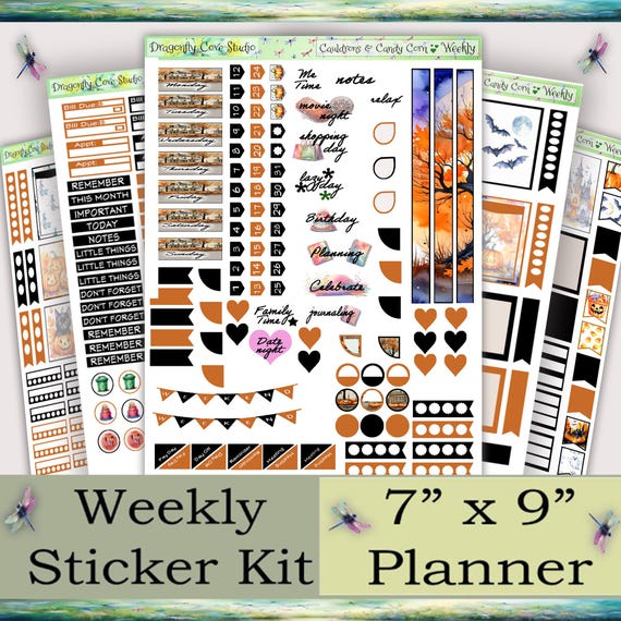 7x9 Weekly Printable Planner Stickers Kit – Cauldrons & Candy Corn | Silhouette + Cricut Cut Files + PDF for Hand Cutting