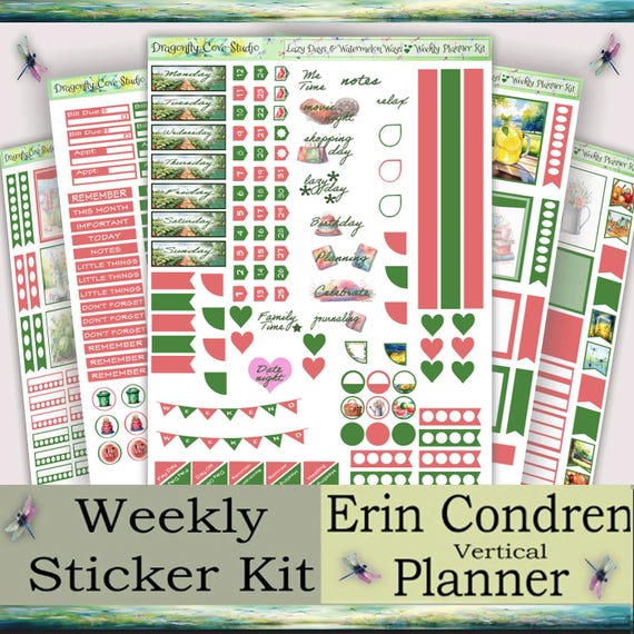 Erin Condren Vertical Planner Printable Stickers Weekly Kit | Lazy Days & Watermelon Ways | Printed, Shipped
