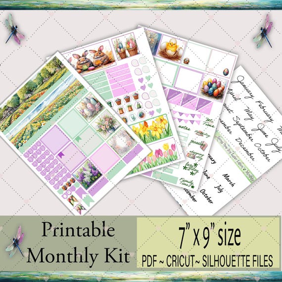 7 x 9 Planner Printable Stickers Monthly Kit | Easter Theme | Silhouette & Cricut Cut Files + PDF for Hand Cutting