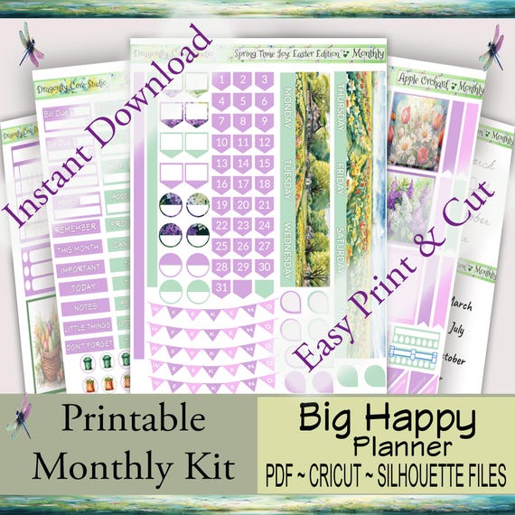Big Happy Planner Monthly Printable Stickers – INSTANT DOWNLOAD – Springtime Joy: Easter Edition | Silhouette & Cricut Cut Files + PDF