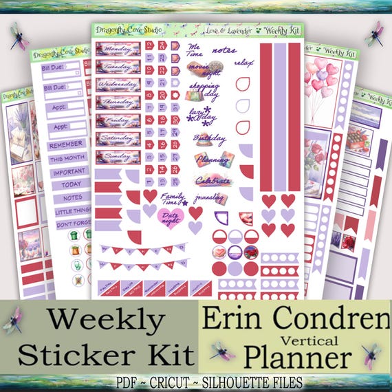Erin Condren Vertical Planner Printable Stickers Weekly Kit | Love & Lavender | Silhouette + Cricut Cut Files + PDF for Hand Cutting