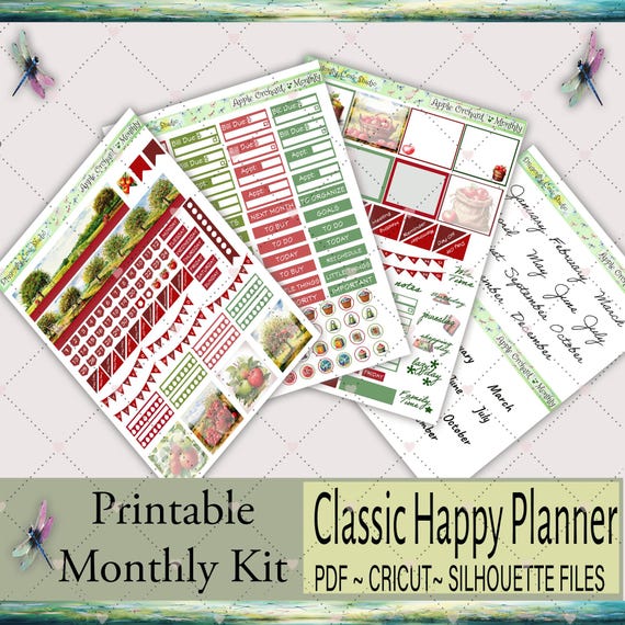 Classic Happy Planner Monthly - Printable Stickers Kit | Charming Apple Orchard | Silhouette & Cricut Cut Files + PDF