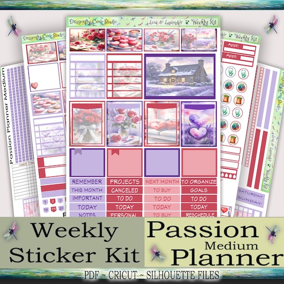 Passion Planner Medium | Weekly Kit | Printable Love & Lavender Valentine Stickers for Cricut, Silhouette, PDF Cutting