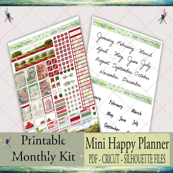 Mini Happy Planner Monthly Printable Stickers Kit | Charming Apple Orchard | Planner Stickers Kit | PDF, Silhouette & Cricut Cut Files