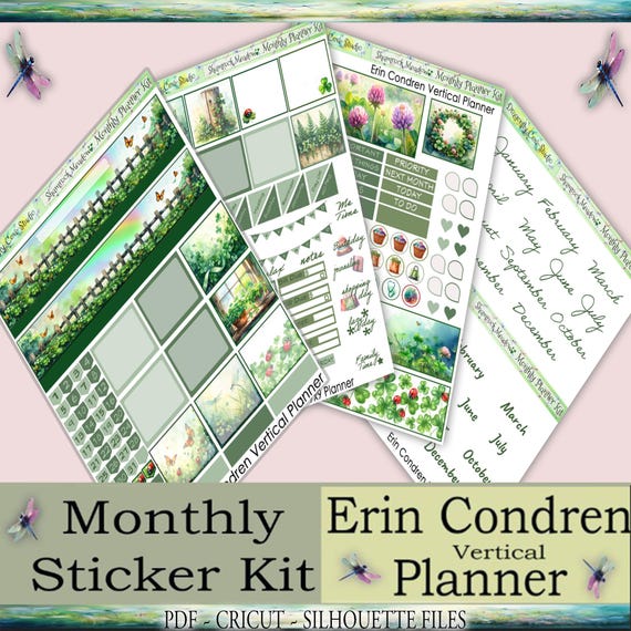 Erin Condren Vertical Printable Stickers Monthly Kit | Shamrock Meadow | Silhouette, Cricut Cut Files + PDF