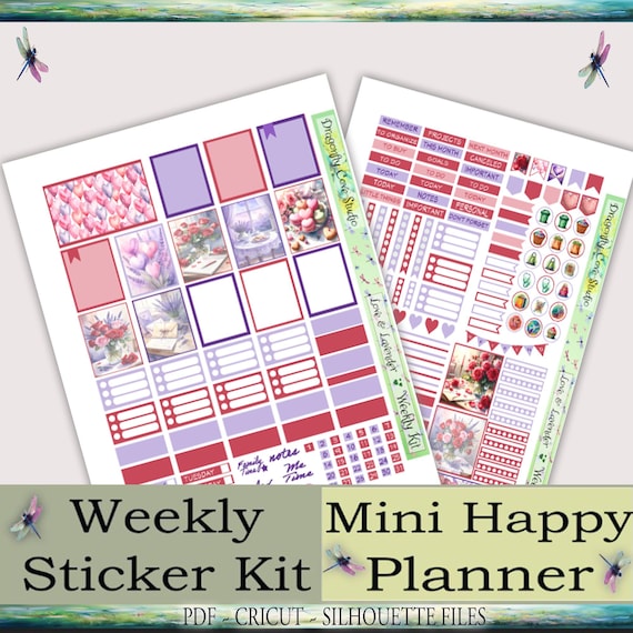 Mini Happy Planner Printable Stickers Weekly Kit - Love & Lavender Valentine: Silhouette, Cricut Cut Files and PDF for Hand Cutting