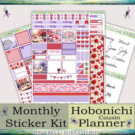 Hobonichi Cousin Monthly Planner Stickers: Love & Lavender (PDF, PNG, Silhouette)